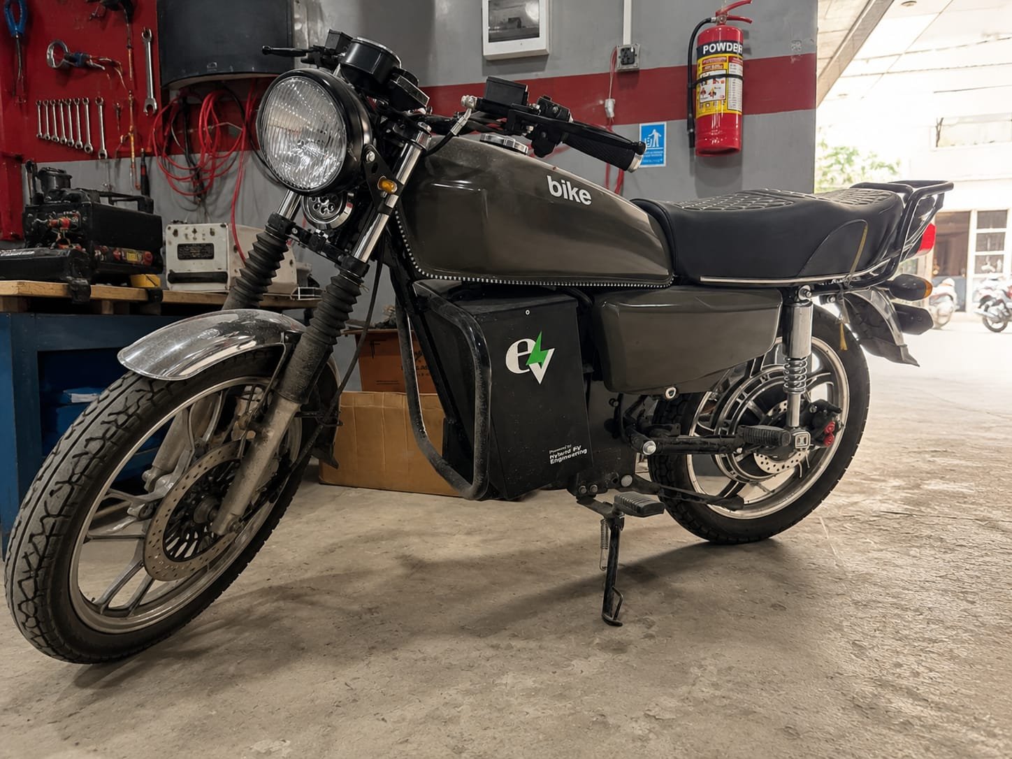 Electric motorcycle fitted with an EV Bike Batteries lithium pack at the I-9 Islamabad workshop